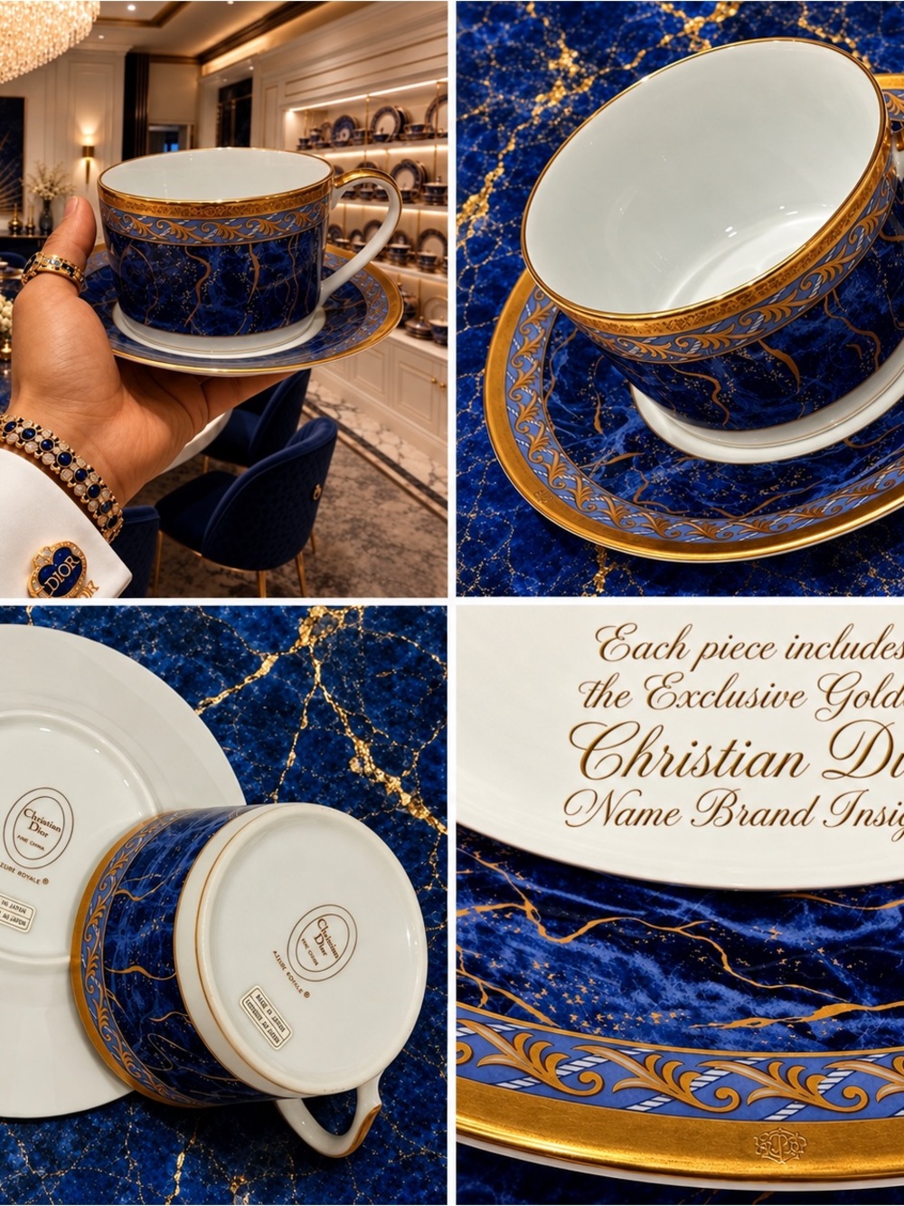 8 PCS Christian Dior Azure Royale Fine Original Art 4 CUP & SAUCER 1990s Vintage